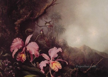 Martin Johnson Heade Painting - Two Orchids in a mountain Landscape Romantic flower Martin Johnson Heade